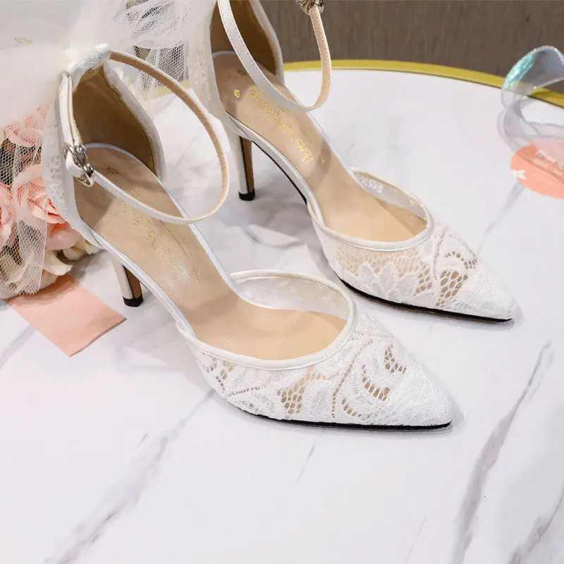 BaoYaFang 2022 New Arrival White Lace women Bridal wedding shoes High heel ladies party dress shoes woman Fashion High Pumps