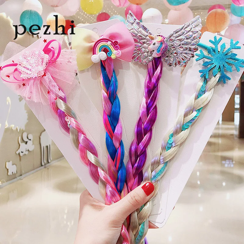 Children's cartoon unicorn color wig hair rope headdress girl baby twist braid headband princess hair ring hair accessories