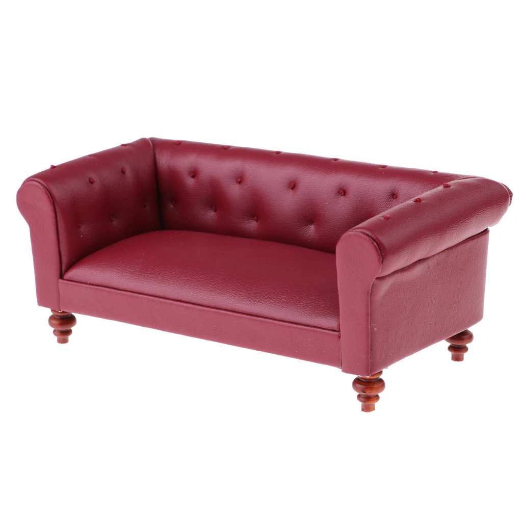 European Style 12th Leather Long Sofa Couch Dollhouse Living Room Furniture Home Model Display Ornaments Red