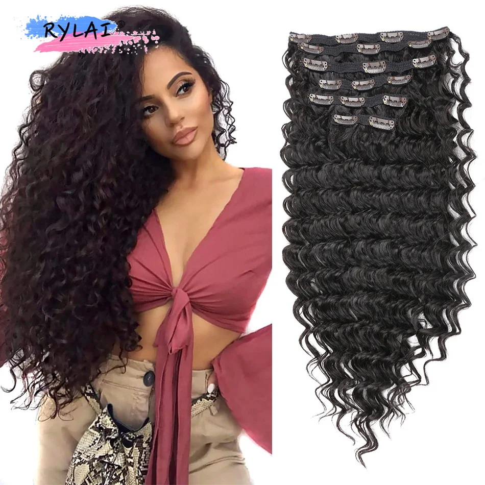 Synthetic​ 24‘’Deep Wave Curly Clip In Hair Extension Double Weft Full Head Japanese Organic Ice Silk Hairpiece For Women