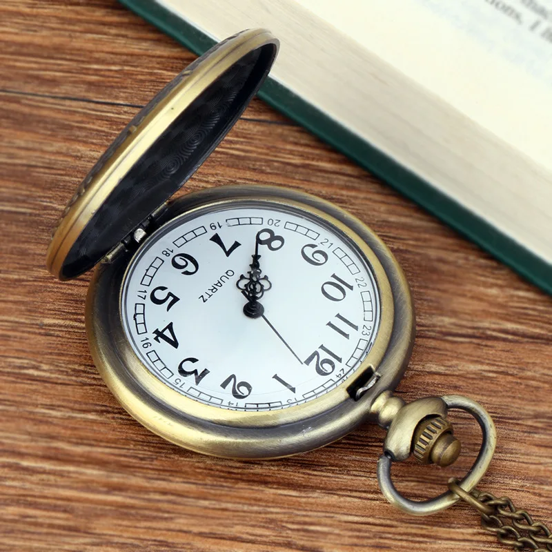 Vintage large bronze fine chain beautifully carved pattern quartz pocket watch