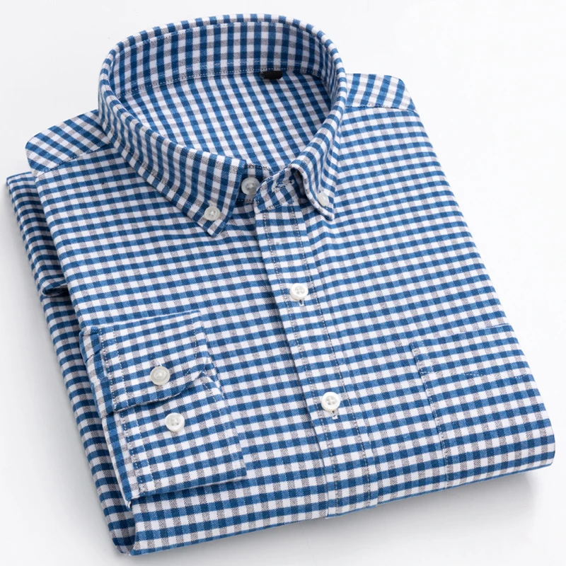 Camicia a quadri Casual da uomo in cotone 100% tasca a toppa singola comoda camicia a maniche lunghe abbottonata a righe in cotone Standard