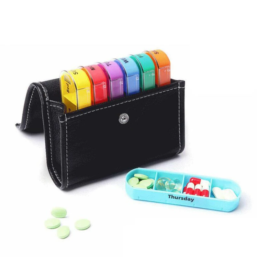 1 Set Portable 28 Grids Medicine Tablet Box Dispenser Container With Leather Case, 7 Days Pills Case Storage Boxes Organizer