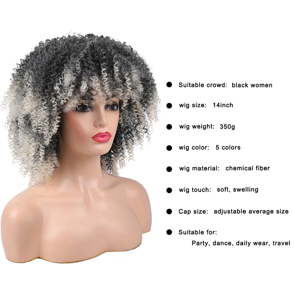 Feminino natural sintético curto afro kinky encaracolado perucas cinza escuro ombre prata cinza com franja cosplay festa peruca de cabelo resistente ao calor