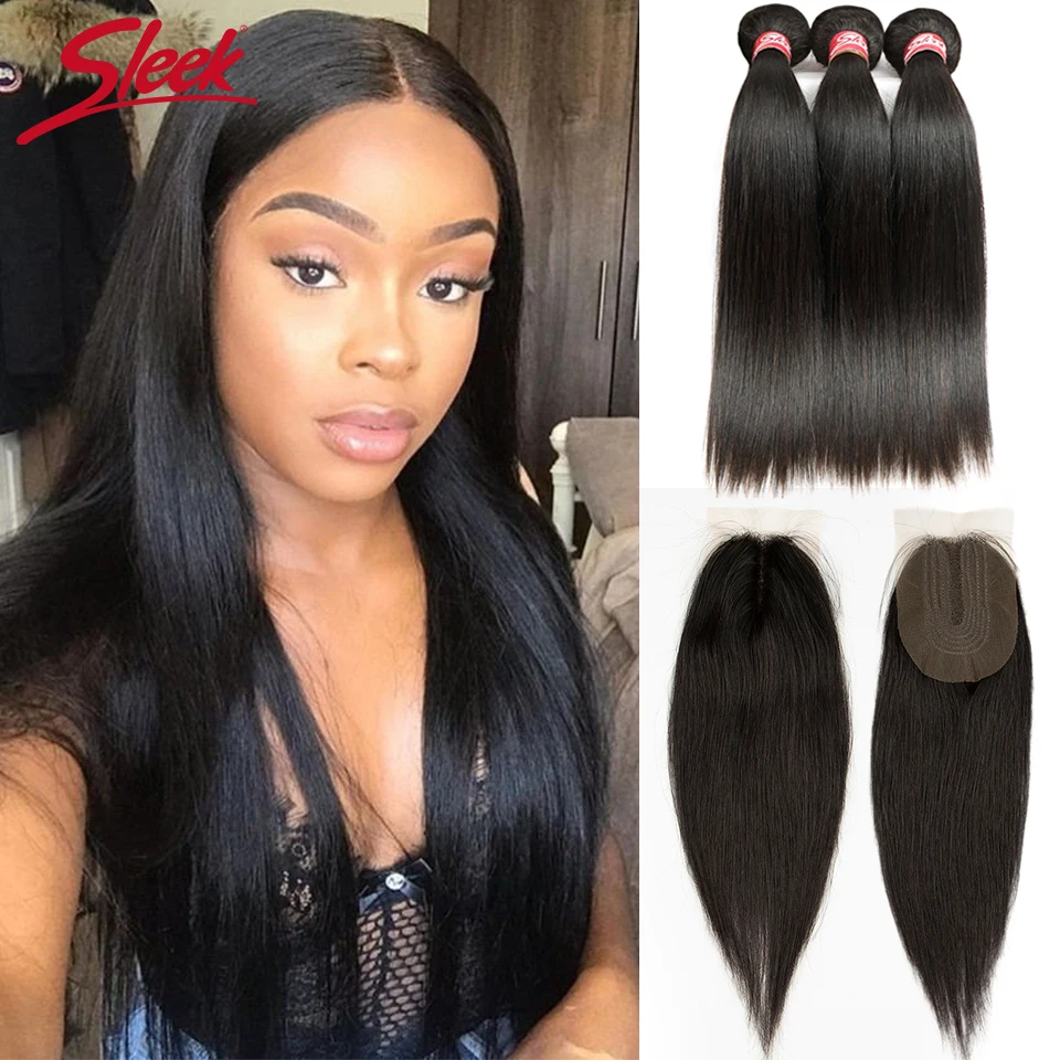 Sleek Brazilian Straight Hair Bundles With Closure Natural Color Hair Weave Remy Human Hair 3 Bundles With 2x4 Lace Closure