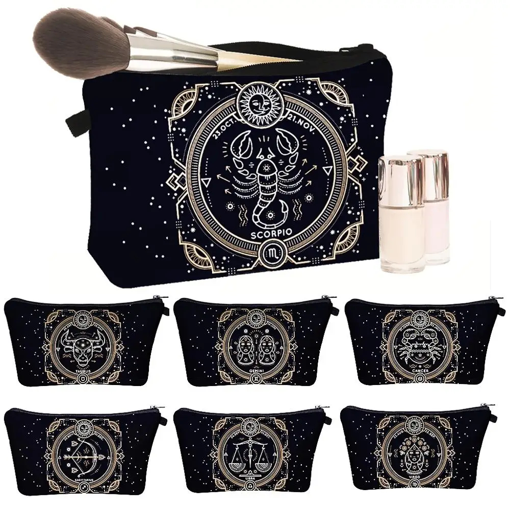 Newest Style Mysterious Black Zodiac Exclusive Custom Makeup Bag Toiletry Bag for Travelling Makeup Brush Bag Wash Pouch