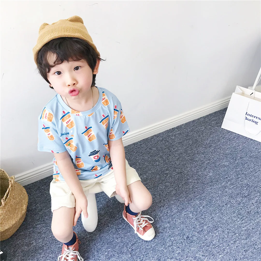 Tonytaobaby Boys and Girls Garment Summer New Products Milk Tea Orange Juice Beverage Pure Cotton Short-sleeved T-shirt