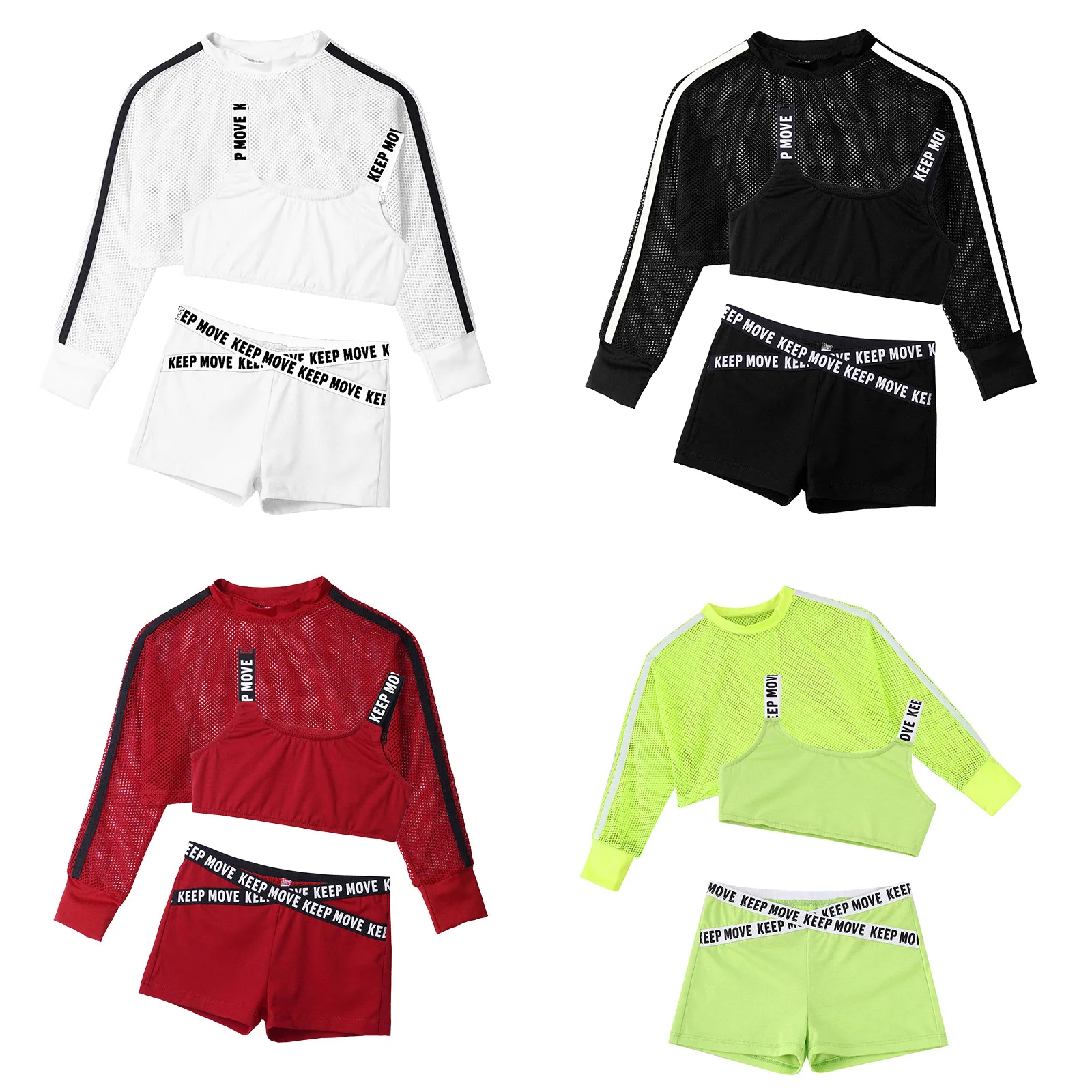 Hip Hop Girls Clothing Jazz Costumes Kids Tracksuit Suit Sport Bra Vest Crop Top With Net Cover Up Tops And Shorts Dance Outfits