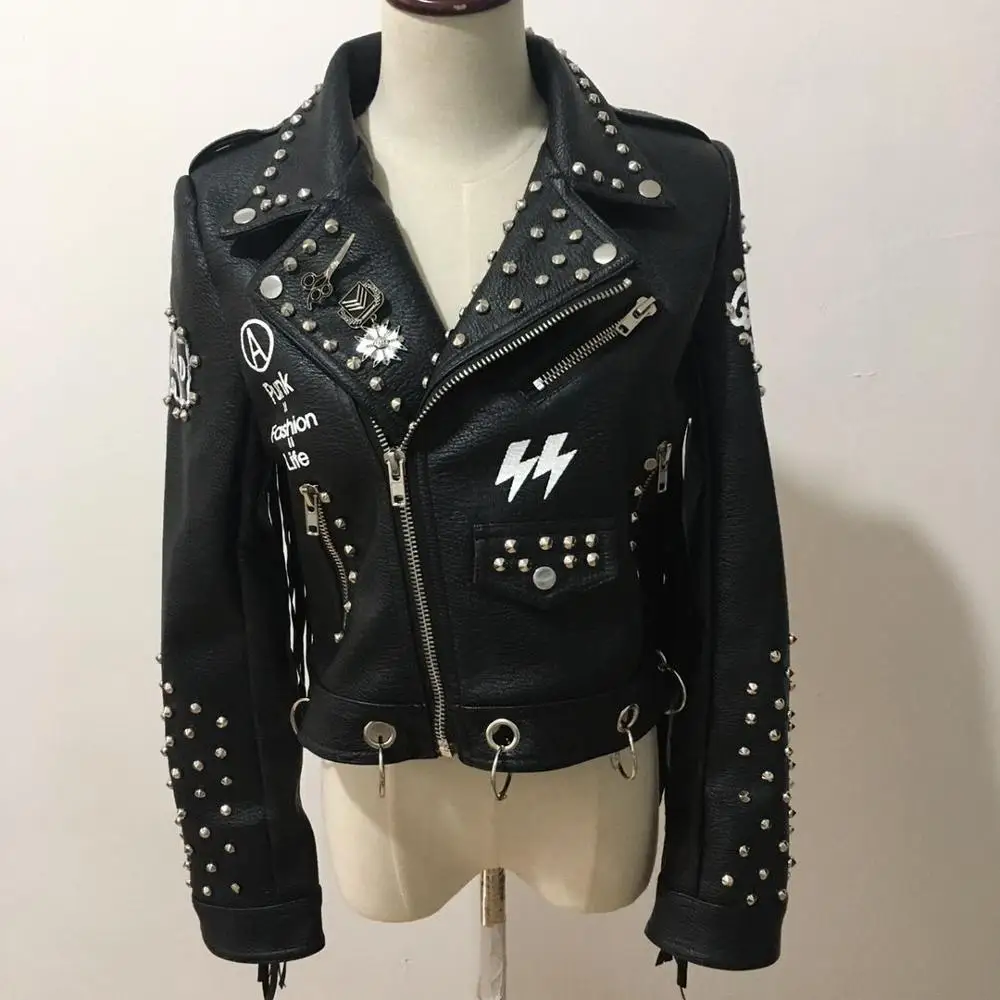 Chaqueta de cuero pu con tachuelas de graffiti para mujer, abrigos de estilo Punk, chaquetas de cuero con borlas de motocicleta, ropa de calle F802, otoño y primavera