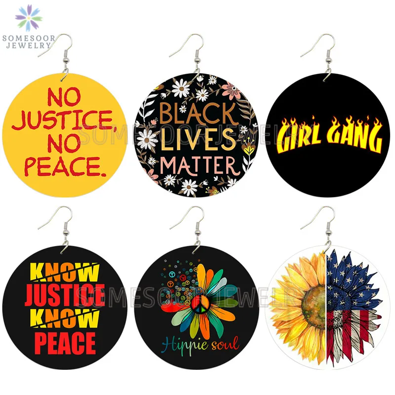 SOMESOOR Peace Justice Soul Printed Wooden Drop Earrings Black Lives Matter Girl Gang American Sunflower Design Dangle Jewelry