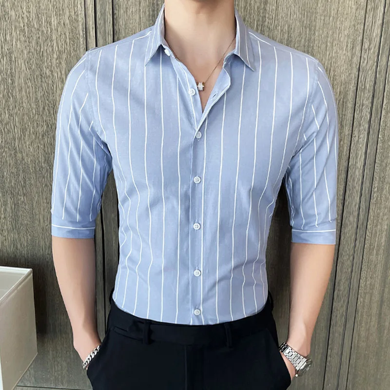 

Summer Korea Style Handsome Fashion Mens Shirts Button Down Slim Fit Half Sleeve Striped Shirts 4XL 5XL