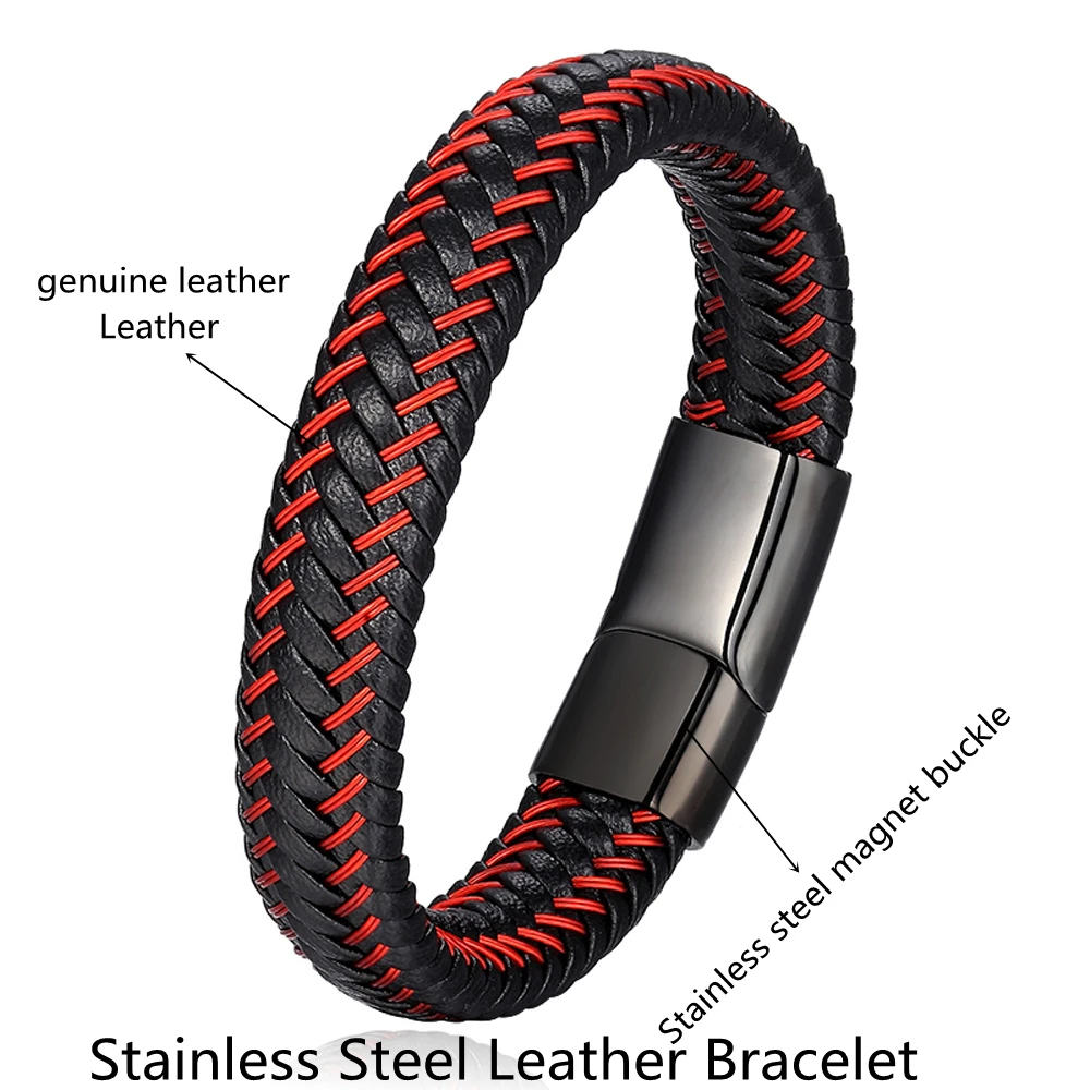 Leather Rope Bracelet Stainless Steel Leather Braided Bracelet Leather Bracelet Red Bracelet Men\'s Leather Jewelry