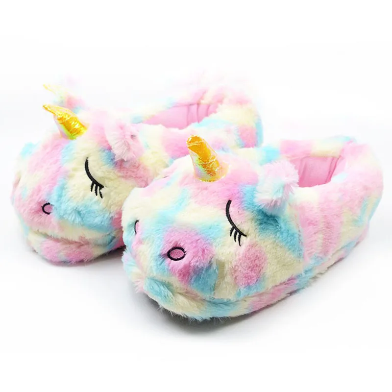 Women Cartoon Rainbow Unicorn Slippers Girls Winter Plush Warm Home Slippers Indoor Shoes Slides Cotton Shoes