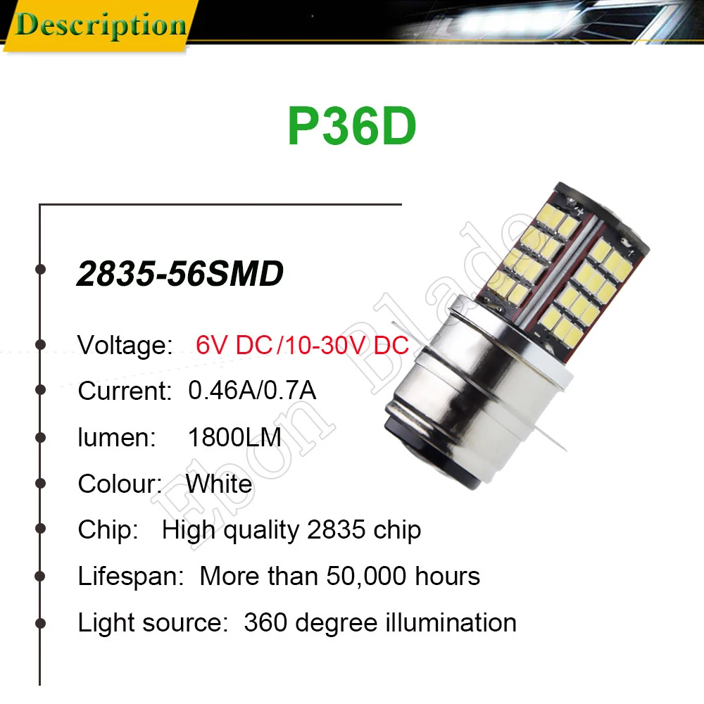 2Pcs Motorcycle LED Headlight Bulbs P36D 2835 56SMD Motor Motorbike High Low Beam Front Head Light White 6000K 6V 12V 24V 30V