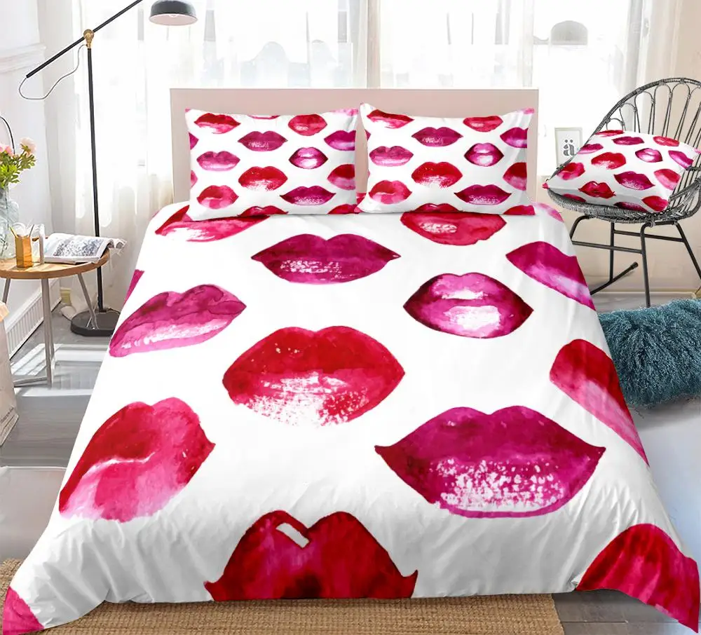 Red Lips Bedding Set Hot Lips Duvet Cover Set Kisses Bed Linen Girls Women Home Textile Red White Bed Set Microfiber Bedclothes