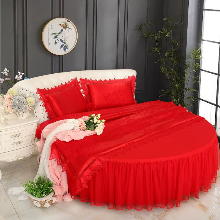 Red Satin Silk Round Wedding Europe Bedding kit Cotton girls Lace Duvet Cover Round Bedsheet Queen King size Free shipping