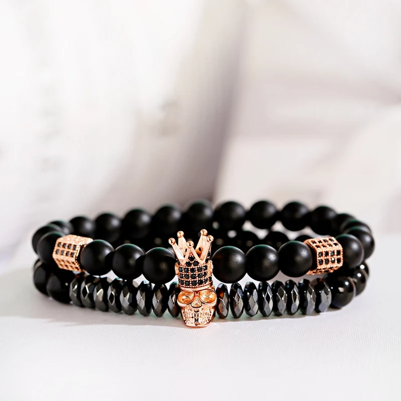Luxury Men Stone Beads Skull Erkek Bileklik Bracelet Set Black CZ Crown Copper Bracelets For Women Pulseras Mujer