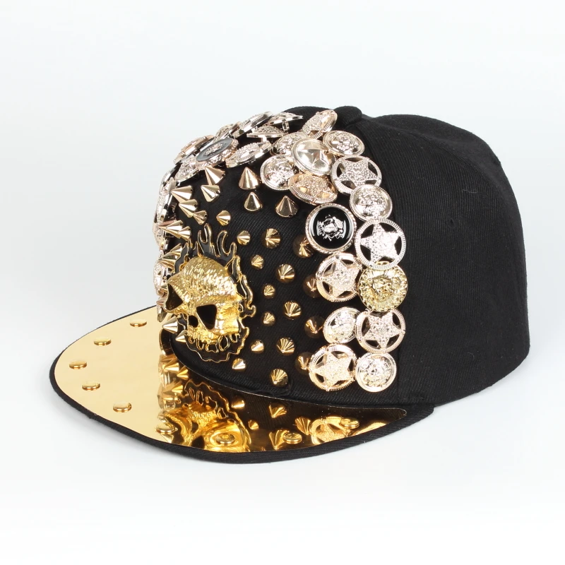 wholesale hot sale heavy metal rivet snapback hop hats colored flat brim Baseball caps