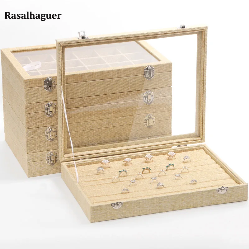 Top 35*24*5cm Linen Jewelry Box Ring Pendant Necklace Earrings Box Display Storage Container Case Casket Jewelry Organizer Box