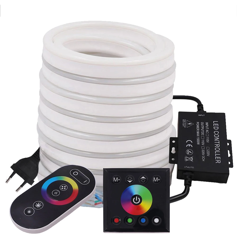 Tira de luces LED de neón, cinta Flexible RGB de 220V con Control remoto táctil completo, 5050 120 LED, resistente al agua, señal de neón, cuerda,