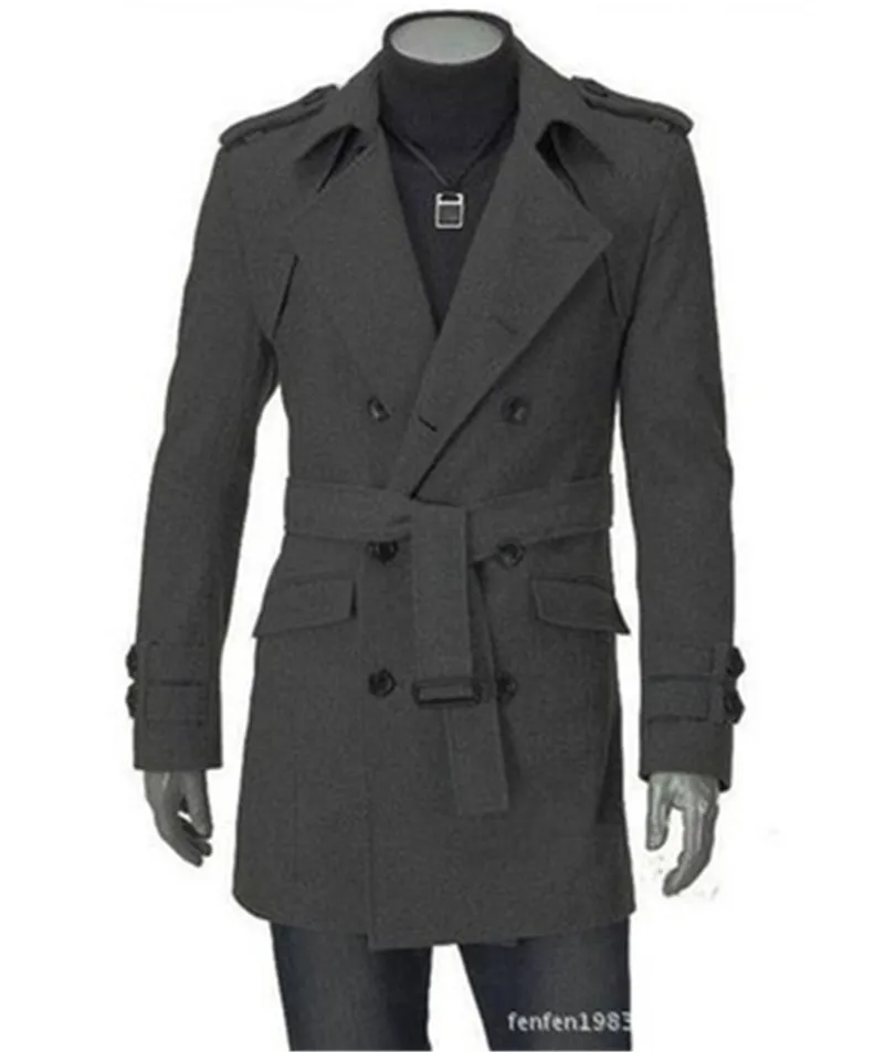 New Men \'s Jackets Double Platoon Buckle Clothing Men Long Coat  Belt Double Breasted Trench Coat Black Grey M-3XL