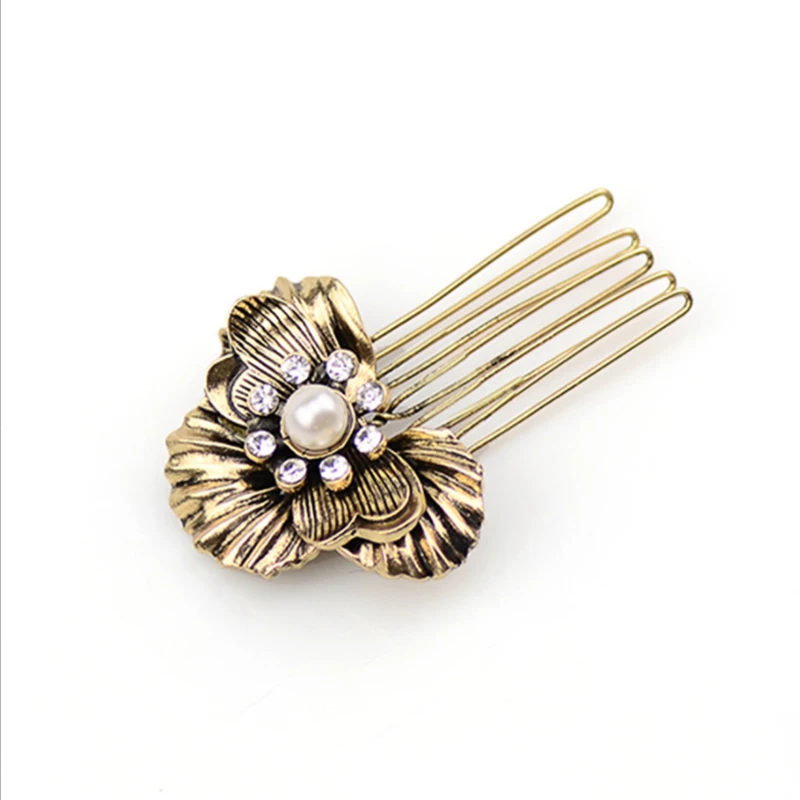 European and American retro diamond hair comb insert comb antique headdress leaf pearl hairpin