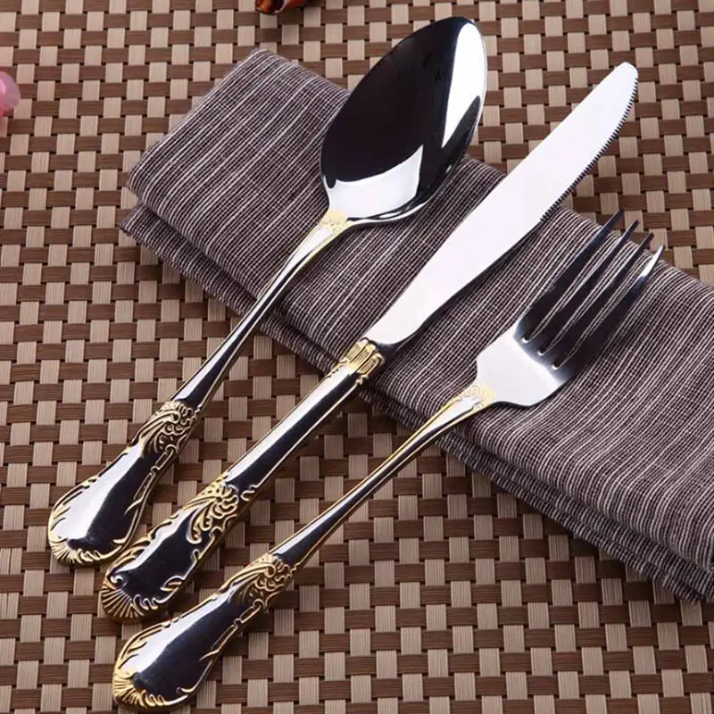 Stainless Steel Dinnerware Sets High-grade Knife Fork And Spoons Cutlery Kits Gold Plated Floral Pattern Tableware Dropship