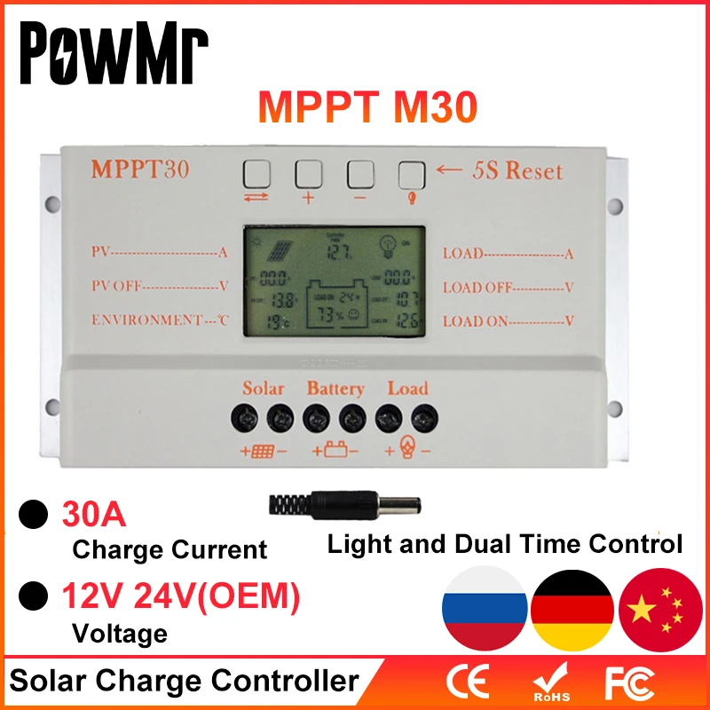 

Контроллер заряда солнечных батарей MPPT 30 А, 5 В, USB-выход 12 В 24 В, автоматический контроллер панели солнечных батарей, домашнее зарядное устройство с ЖК-дисплеем, регулятор