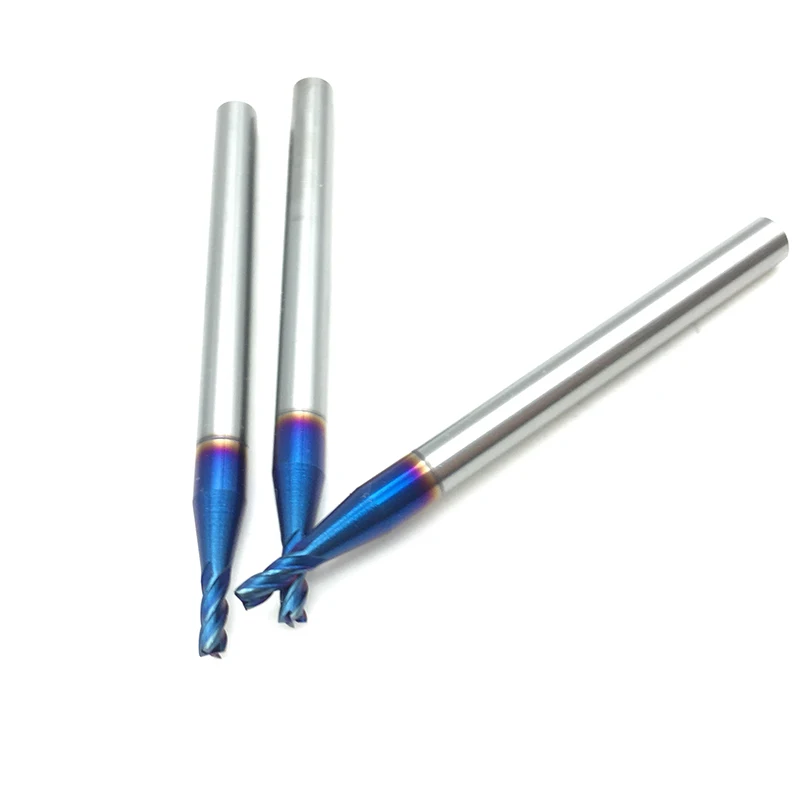 Fresa de 1mm HRC65, 4 flautas, D1 x 3 x D4 x 50L, 4T, carburo sólido, fresado con revestimiento de nACo y azul