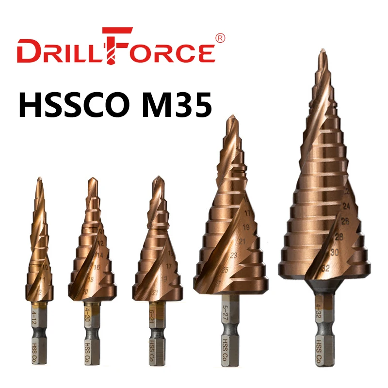 Drillforce M35 5% kobaltowe wiertło stopniowe HSSCO Cone metalowe narzędzie Hole Cutter 3-12/3-14/4-12/4-20/4-22/4-25/4-32/5-21/5-27/6-24mm