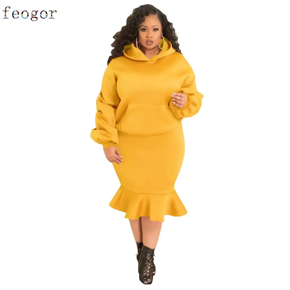 Set di abbigliamento donna Plus Size 2021 nuovo autunno inverno con cappuccio manica lunga moda sciolto Casual maglione sportivo vestito gonna