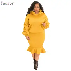 Conjuntos de roupas femininas plus size 2021 nova queda inverno com capuz manga longa moda solto casual esportes camisola terno saia feminina terno