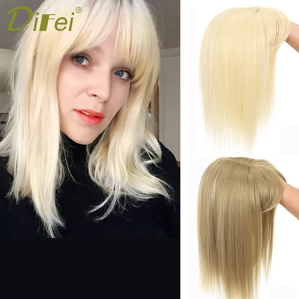 DIFEI-Cabelo Humano com Franja, Peruca Meia Cabeça, Liso Natural Fofo, Invisível, Substituição Sem Costuras, Cabelo Sintético