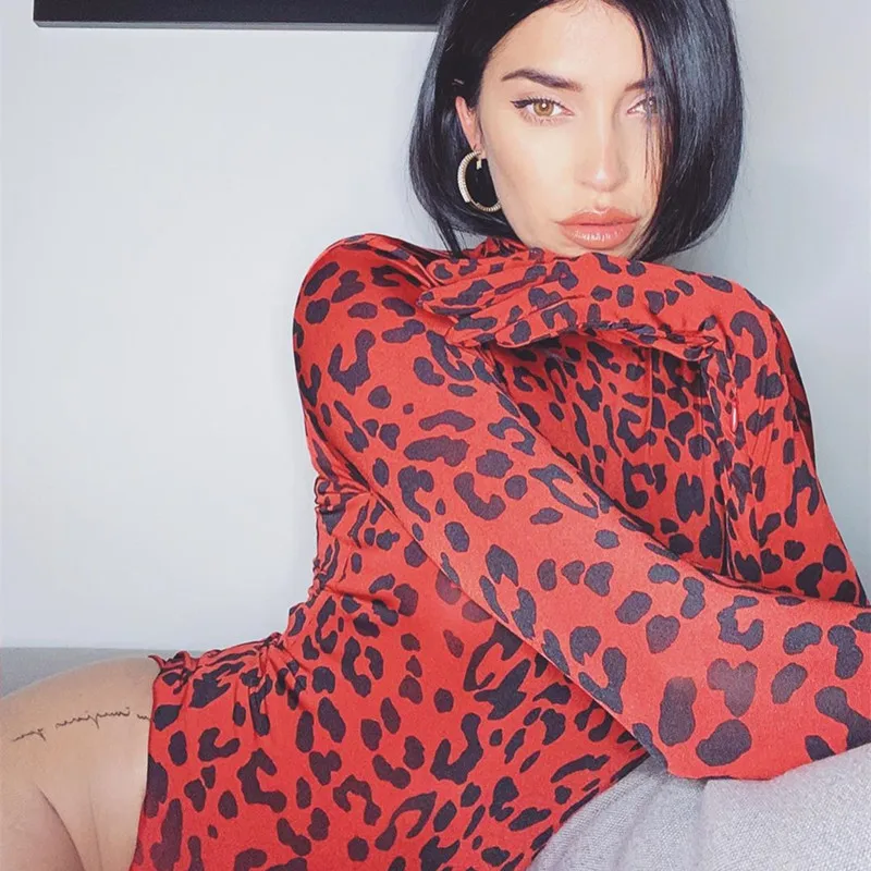 Vintage Red Leopard Print Turtleneck Long Sleeve Skinny Bodysuit With Glovers Autumn Sexy Party Clubwear Outfit Bodycon Body Top