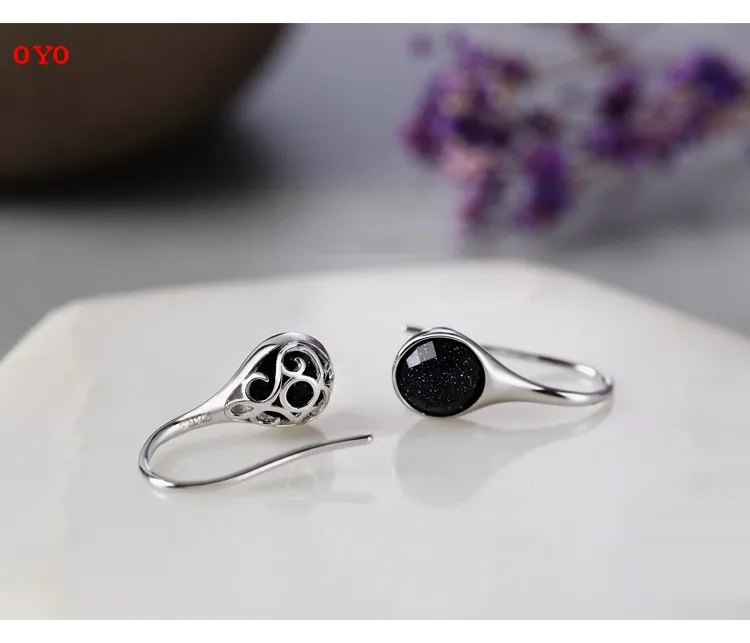 100%s925 silver blue sand stone ring round earrings beautiful dream personality wild earrings