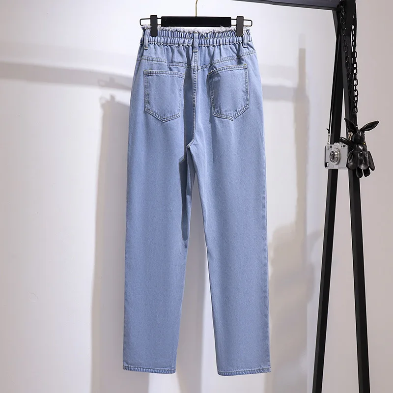 New 2021 Spring Autumn Plus Size Long Jeans For Women Large Loose Straight Cotton Pocket Blue Hole Denim Pants 4XL 5XL 6XL 7XL