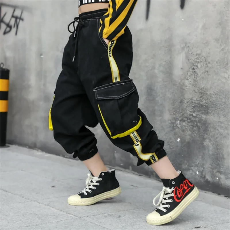 

Fashion Trend Girls Cargo Pants Black Hip hop Elastic Waist Ribbon Trousers Street Dance Jazz Pants Multi-pocket Clothes Girls