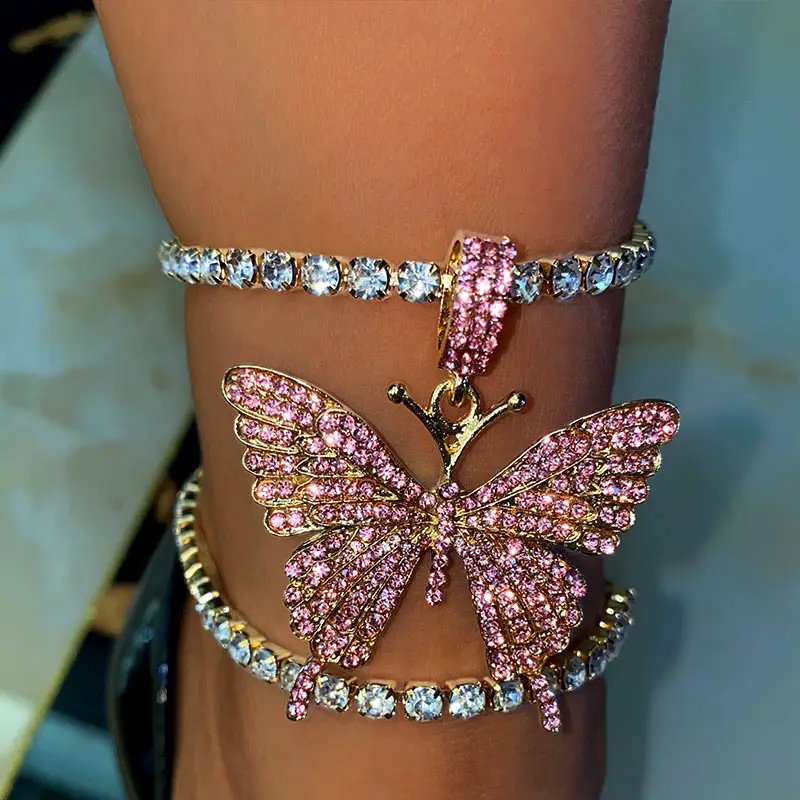 BYNOUCK Big Rhinestone Tennis Anklet Chain for Women Crystal Butterfly Charms Jewelry Multilayer Foot Bracelet luxury Jewelry