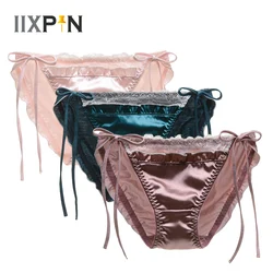 Women Girls Briefs Lovely Cute Lolita Kawaii Princess Sexy Lace Trim Satin Panties Underwear Hot Side Tie Pleated Underpants