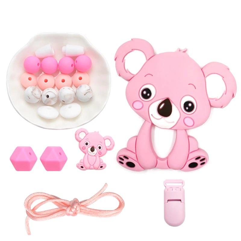 LOFCA Silicone Teether Wood Beads Set BPA Free DIY Baby Teething Necklace Toy Cartoon Koala Raccoon Pacifier Chain Clip