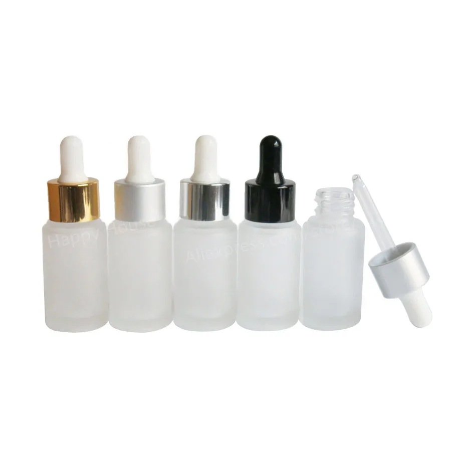 12pcs/lot 20ml Frosted Glass Essential Oil Dropper Serum Bottle Concealer With Glod Silver Black Cover Lid