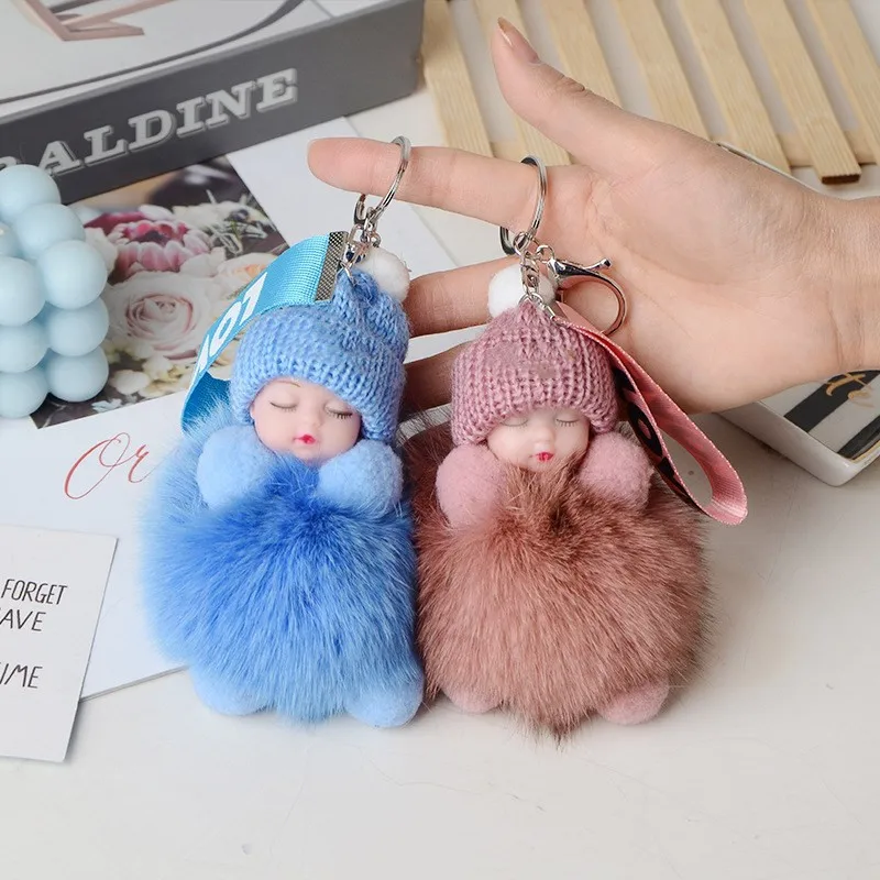 Real Fox Fur Pompom Sleeping Baby Keychain Cute Fluffy Plush Doll Women Girl Bags Keyring Cars Keychain Gift Charming Decoration