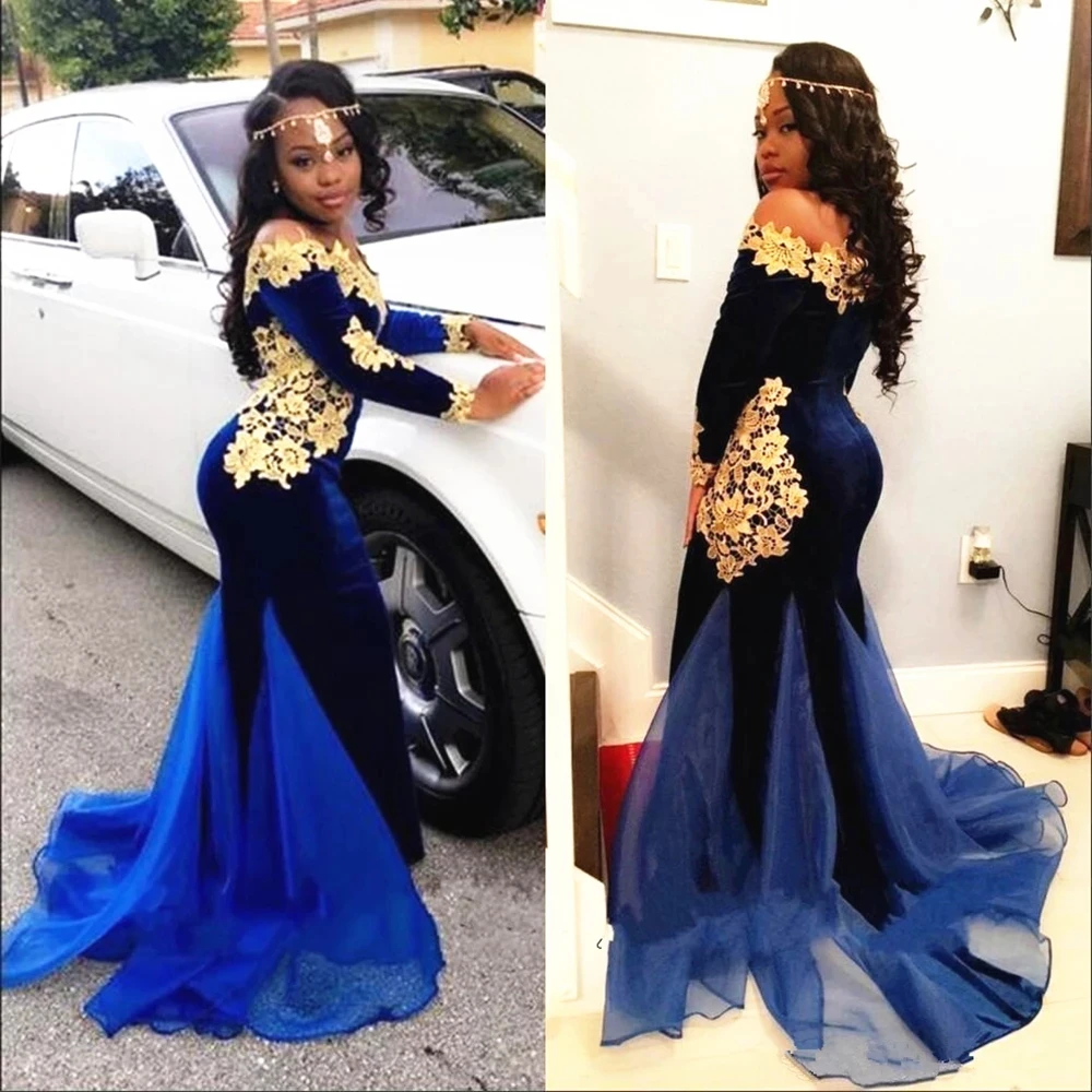 Royal Blue Velvet with Gold Lace Evening Prom Dresses Long Sleeve Off Shoulder Mermaid فساتين Customize Plus Size Velour Dress