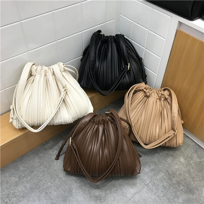 IN STOCK Miyake pleated PU Ruched fashion drawstring bag shoulder messenger bag soft surface bucket bag HOT SELLING