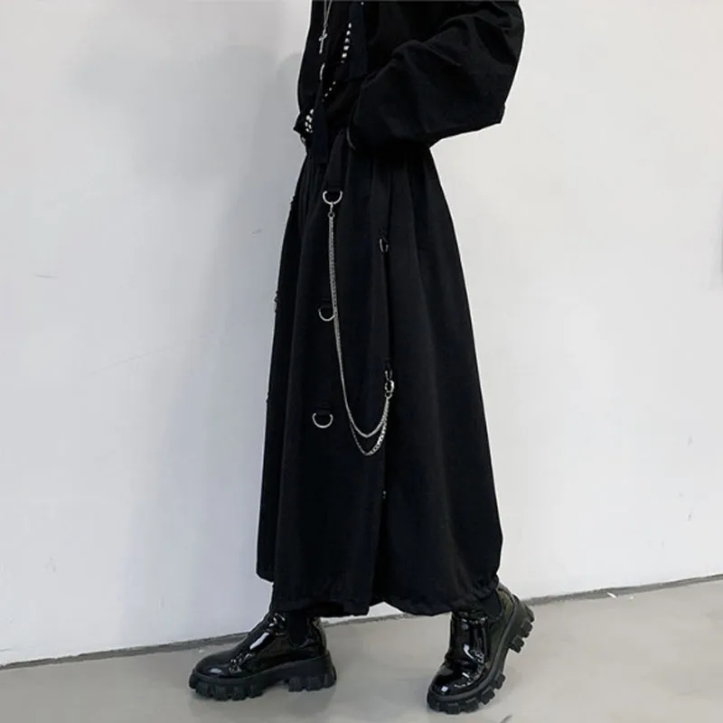 Homens de metal corrente causal solto casual perna larga calça masculina estilo japão streetwear gothic punk kimono saia calças