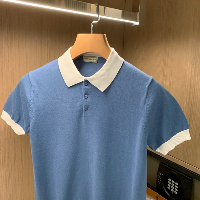 Summer 2022 Fashion Men Polo Shirt Casual Thin Turn-down Collar Tops Male Short-sleeved Solid Color Knitted Casual Poloshirt A73