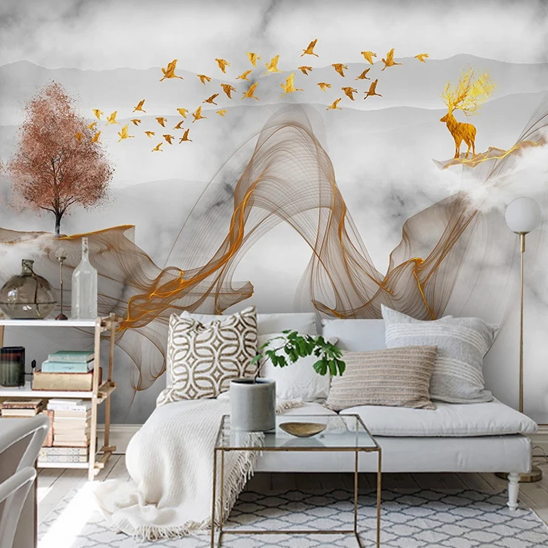 Little Golden Bird Tree Papel De Parede Modern Abstract Ink Lines Marble Pattern Background Wall Papers Home Decor Room Bedroom