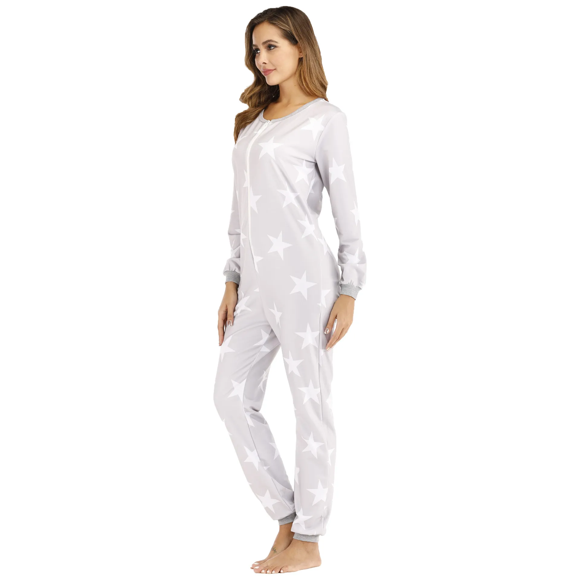 2020 Womens Pure Color Grey Zipper Sweatshirt One Piece Jumpsuit Pajama Warm Sleepwear Set