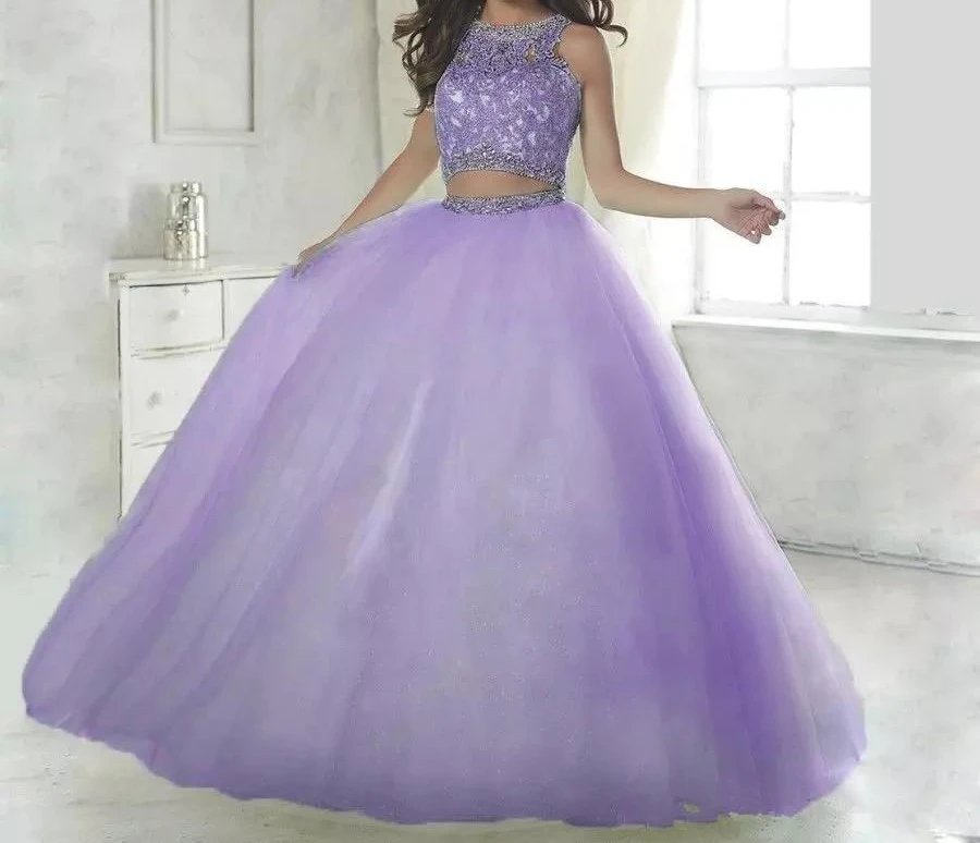 Vestido de baile de encaje de dos piezas, quinceañera, 15 años, largo hasta el suelo, Apliques de encaje, 16 vestidos de graduación, 2019