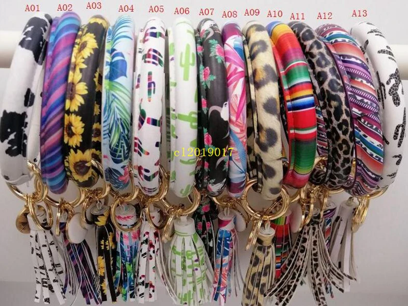 

100PCS PU Leather Tassels Bangle Keychain Bracelet Key Ring Inspired Bracelet Keychain Sunflower Leopard Cactus Keyring